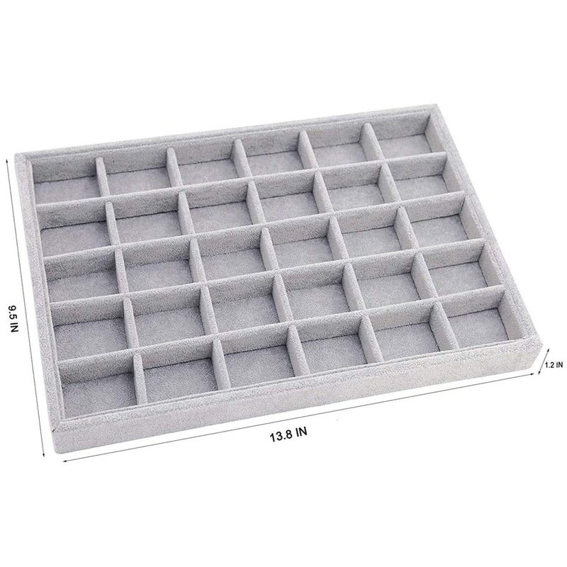 Pimuza Grey Velvet Stackable 30 Compartments Jewelry Tray Showcase Display Organizer Holder Rectangle Storage Box Case Containers Chest for Women Crystal Stone,Stud Drop Earring,Watch,Bead,Trinket,Diamond - Image 3